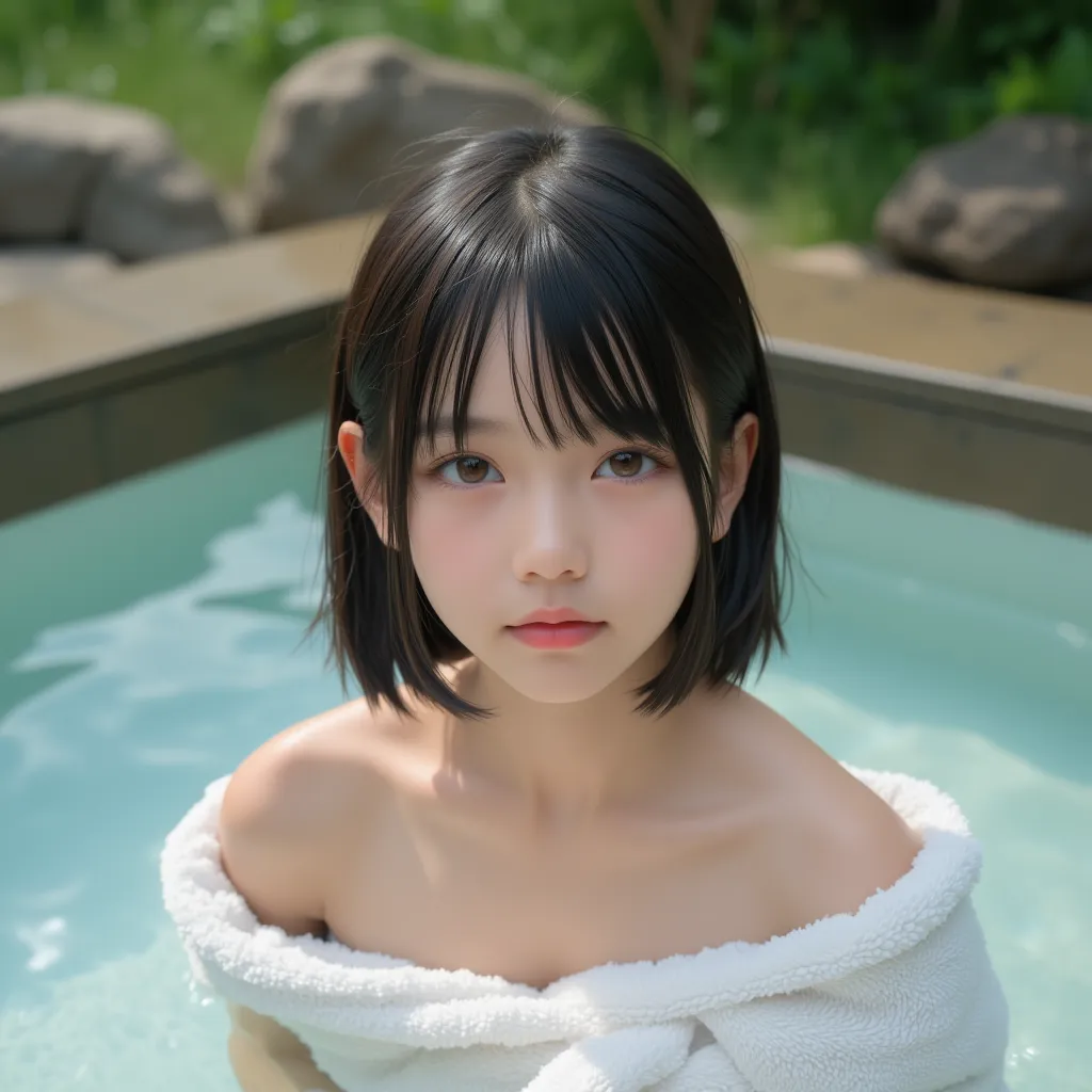 cuteloli,loli,hyper realistic,HD,best quality,(14-years-old),(bath towel),looking at viewer,depth of field,full_body_shot,from_above,close shot,openair hot springs