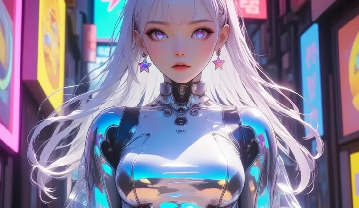 A photo-realistic shoot from a frontal camera angle about a futuristic female robot with long, flowing white hair and striking blue eyes, wearing a form-fitting, metallic bodysuit that accentuates her large breasts and slender physique. the robot is positi...