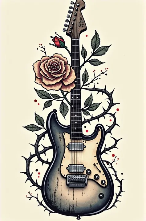 Old school guitar and rose thorn tattoo