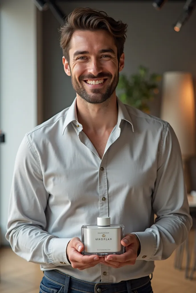 a male expert wears a blouse and hold a product and show it to the screen. He smile friendly
