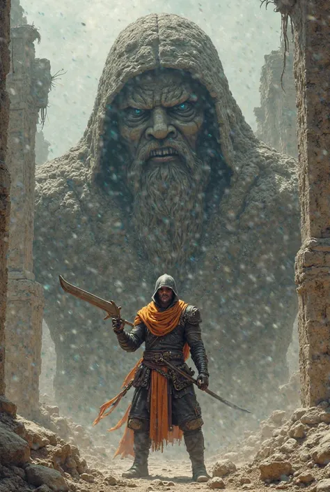 An image to draw of a warrior in a black and orange uniform cutting off the head of a giant statue 