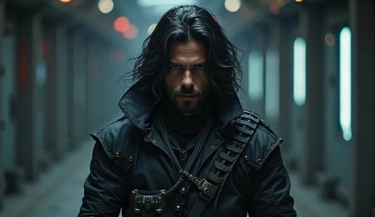 A handsome assassin's with full volume black hairs wears futuristic Assassin's outfit 