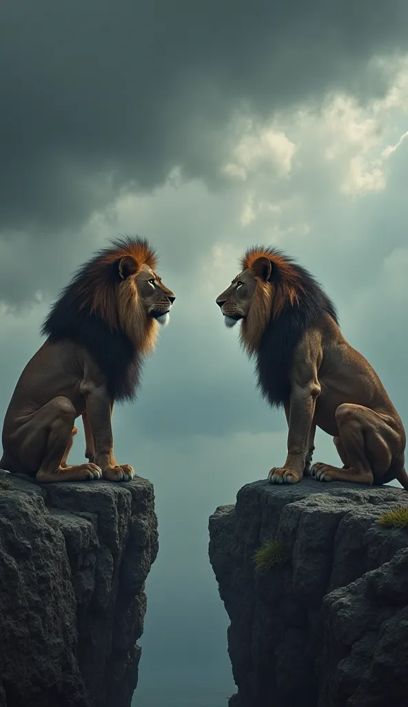 Two mighty lions sit far apart on rocky cliffs, looking away from each other with cold expressions, the sky above them dark and stormy, symbolizing their broken friendship. (6K Ultra HD, deep emotional contrast, cinematic realism).
