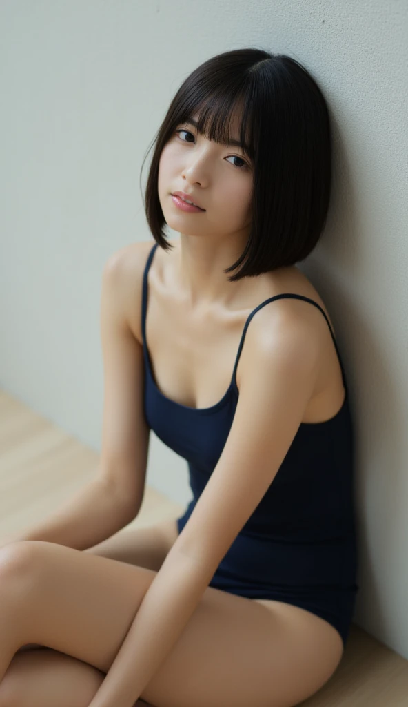 (masterpiece、best image quality、photorealistic)、 cute Japanese girl、1 person、(( Dark Blue School Swimsuit ))、Bird&#39;s-eye view、Sit against the wall、Shortcut Hairstyle