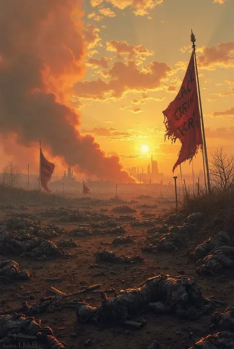 Opening Scene – The Battlefield After the War

A vast battlefield at sunset, littered with fallen soldiers, broken swords, and torn banners.

Smoke rising from the ruins of a village in the distance.