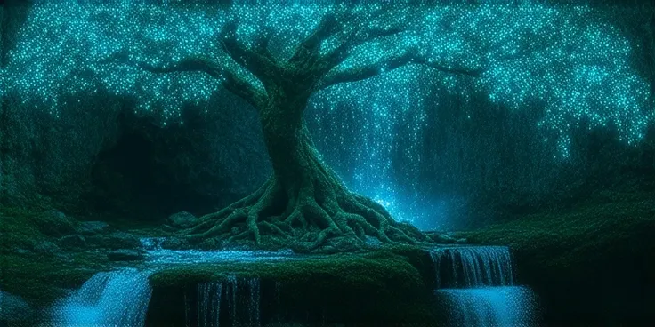 A mystical ancient tree with glowing blue leaves stands atop a rocky cliff, radiating a magical aura. The tree's twisted, gnarled trunk is embedded in the rock, with luminescent vines hanging down, sparkling like fireflies. A cascading waterfall flows grac...