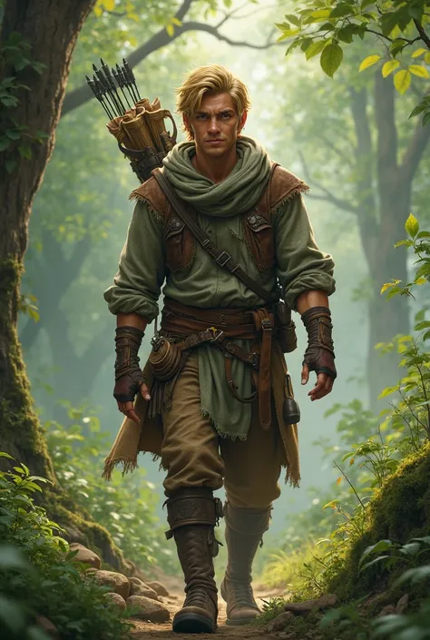 Man explorer of the forest, half-elf, adult ( 21 years old) And with short dark golden hair/Half.  measures 1.80m, and he carries a longbow next to his quiver on his back.
