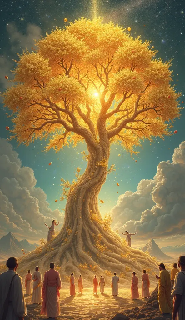 Indian mythology style "A radiant, wish-fulfilling tree with golden leaves and fruit emerges. Celestial beings admire its beauty as divine light surrounds it."