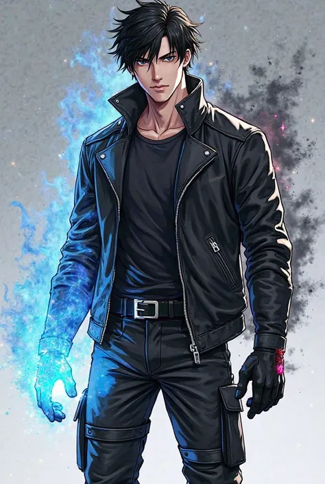 Seventeen-year-old anime boy, black hair, Marvel manga comics, a marked and muscular physique wearing a scared black t-shirt underneath, a black leather jacket, black combat pants with black boots, black gloves, a light blue fire on his right hand and a bl...