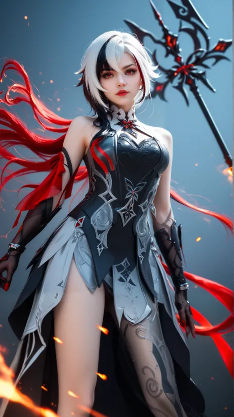 REALISTIC, ULTRA REALISTIC, PHOTOREALISTIC, cinematic lighting, perfect anatomy, masterpiece, best quality. Arlecchino (Genshin Impact) with long, silvery hair styled in a slightly messy way, featuring an asymmetrical fringe that frames her face, and pierc...