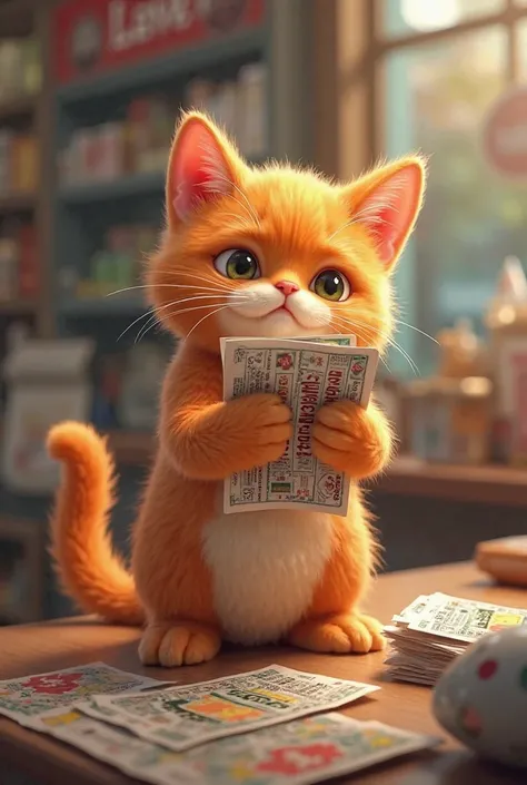 Cute furry orange cat is standing up to buy lotteries