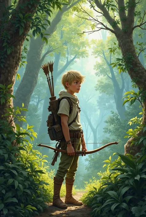 Man explorer of the forest, half-elf,  young adult ( 21 years old) And with short dark golden hair/Half.  measures 1.80m, and he carries a longbow next to his quiver on his back.
