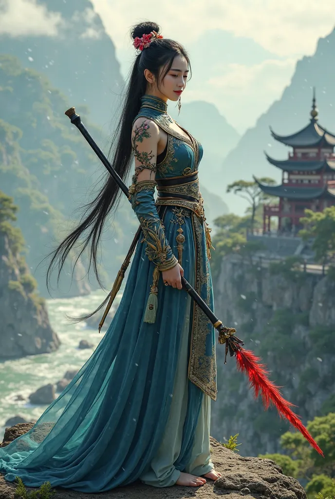 Front view of the black mythical film character Wukong, a beautiful young woman and knight, ideal body, ideal big breasts, long elegant black hair bun, with beautiful flower decoration, wearing sexy and elegant slim fit colossal and epic Chinese battle arm...