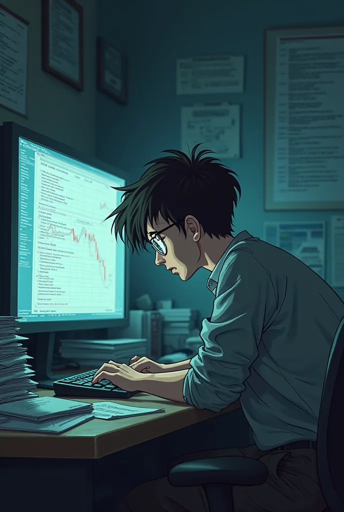 Animated image of a tired data analyst on his computer, with glasses and short hair 