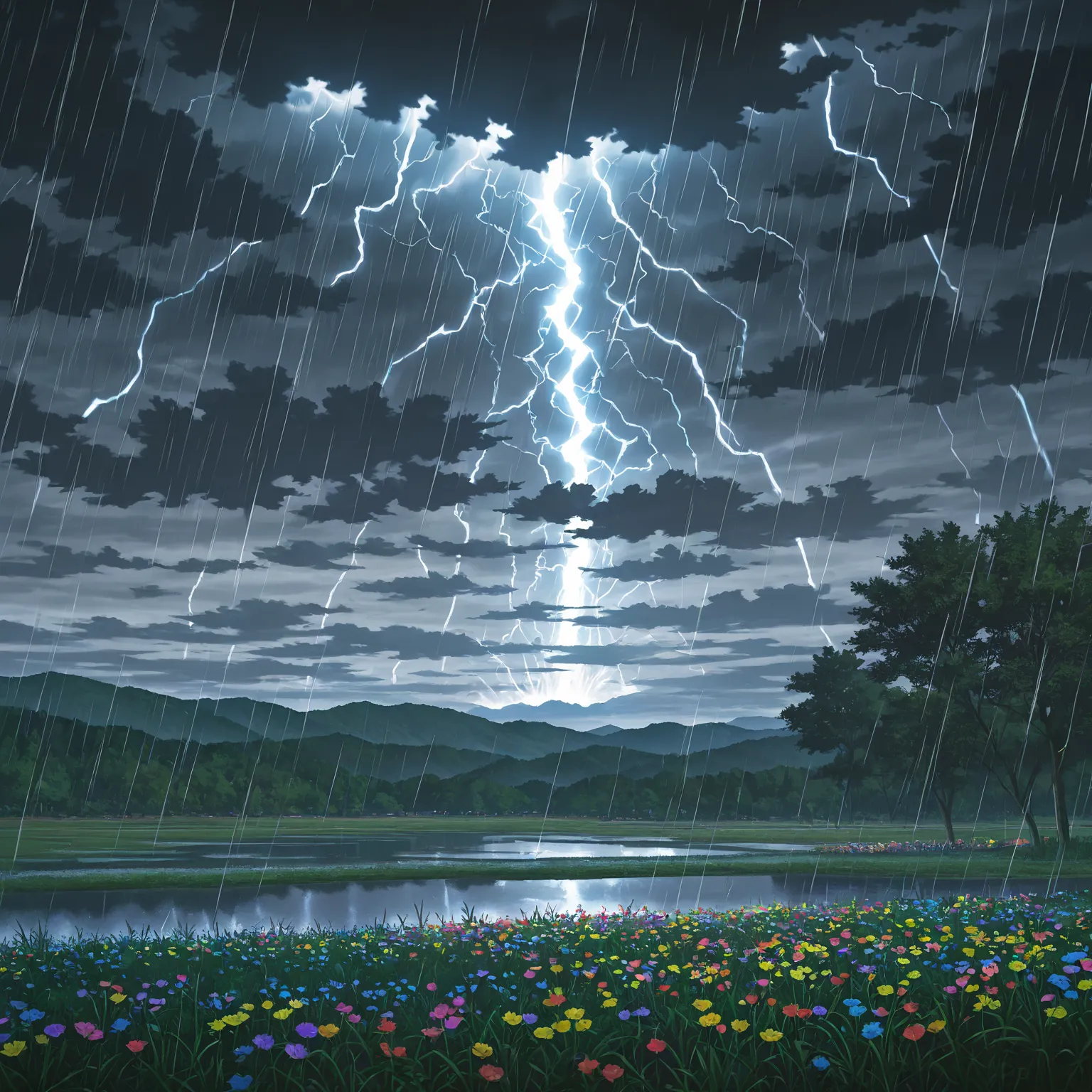 masterpiece, best quality, amazing quality, trees, lake, tall weeds, colorful flowers, hillside, dark clouds on horizon, rain, lightning, tornado, ambient studio lighting, shiny skin, (anime screencap:1.2),