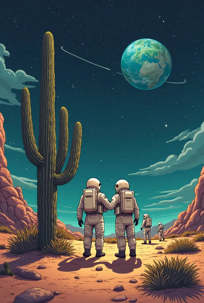 Can you make a sketch from the point of view of a distant planet, where two astronauts are standing on the surface, looking up to Earth and the stars in the sky. Both astronauts are facing away towards earth but both are holding each other up with their ar...