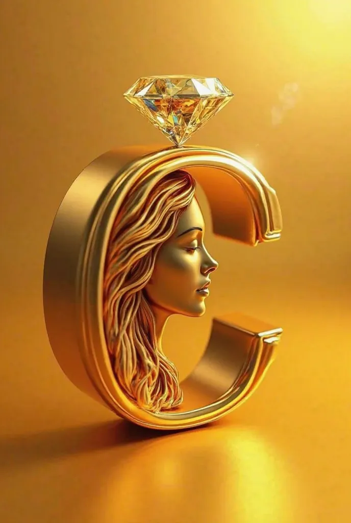 "Create a 3D logo design by combining the two letters 'C' and 'J', a gold letter that is stylistically intertwined. Inside the 'C', include a detailed 3D silhouette of a woman's face with flowing hair, which gives it depth and dimension. On top of the 'J',...