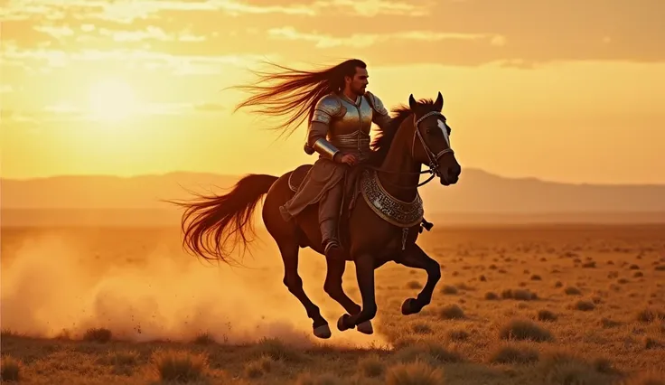 1.	A Sarmatian Warrior Galloping Across the Open Steppe, Wind in His Hair
Closed-up, hyper-realistic, vibrant, 4K HD. A fierce Sarmatian horseman, his long hair whipping in the wind, rides at full speed across the vast steppe, his armor glinting under the ...