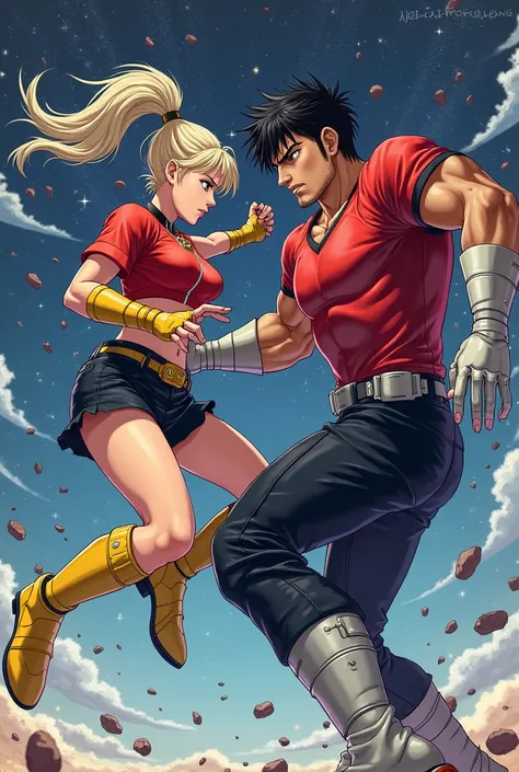 ( Anime style photo ) A woman in a short tight red blouse, a short red skirt ,  in black shorts , yellow wristbands and yellow boots. The woman is fighting in a tournament in space against a giant, muscular man with short black hair, a tight red t-shirt wi...