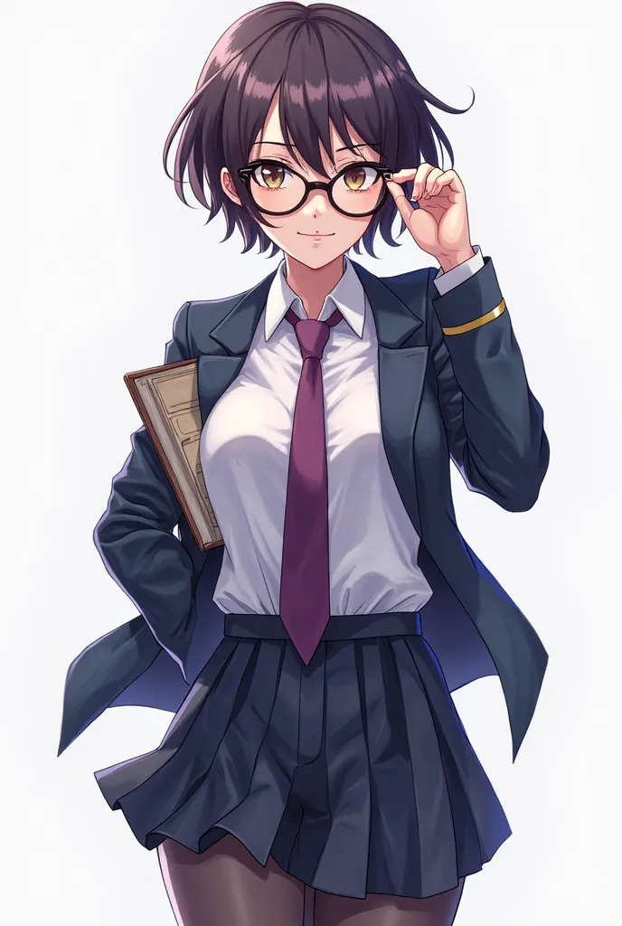 A full-body anime-style illustration of a young intellectual female student with a confident and challenging expression. She wears stylish glasses, has sharp, determined eyes, and a slight smirk that conveys intelligence and defiance. Her hair is well-groo...