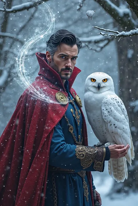 Create a mystical image of Doctor Strange, his iconic red cloak flowing behind him, his hands weaving intricate, glowing runes in the air, surrounded by swirling magical energy. Beside him, show a stunning snow owl, perched on a frosty branch, its feathers...