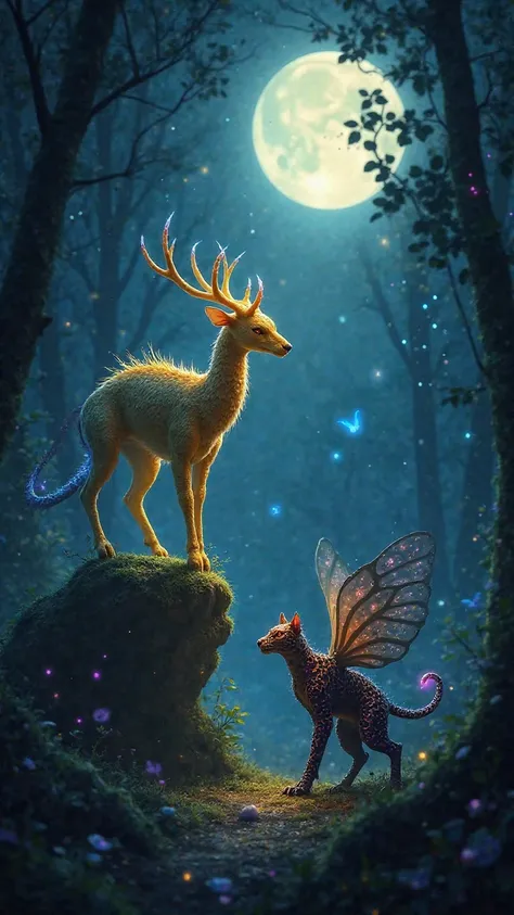 In a glowing enchanted forest, the Moonlight Cervalisk stands poised on a moss-covered stone, its scaly golden deer-like body shimmering under the full moon. Its long, spiked tail sways dangerously, glowing with an eerie blue hue. Across from it, the Solar...