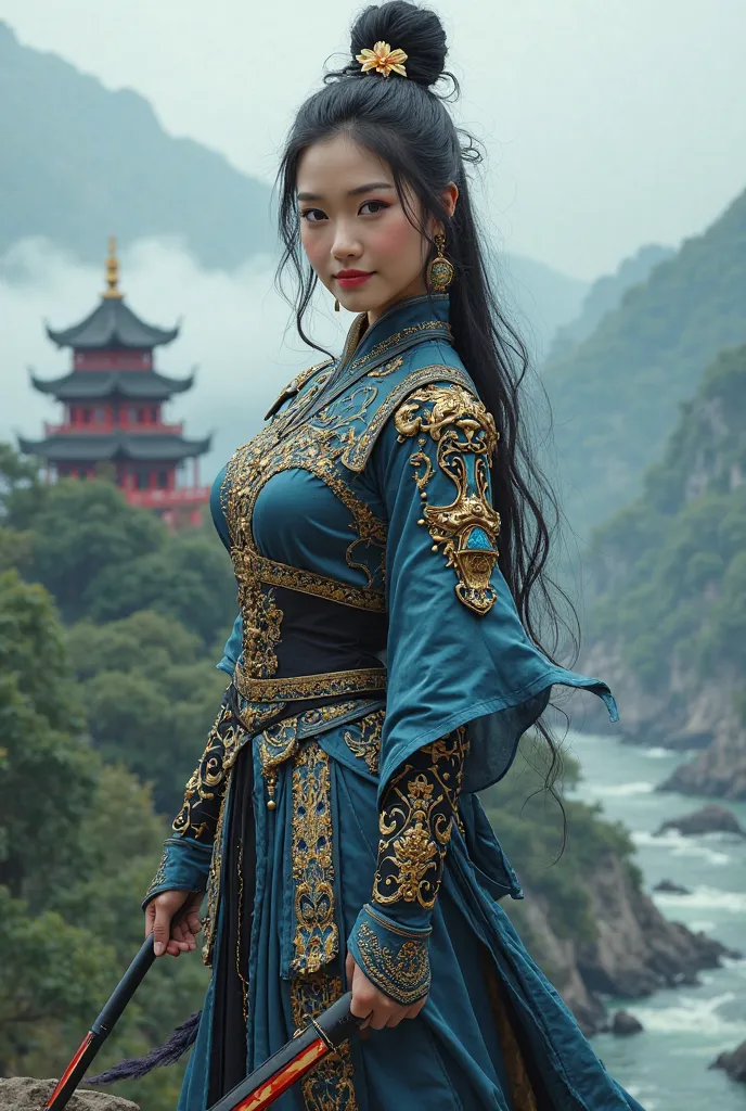 Close up,front view of the black mythical film character Wukong, a beautiful young woman and knight, ideal body, ideal big breasts, long elegant black hair bun, with beautiful flower decoration, wearing sexy and elegant slim fit colossal and epic Chinese b...