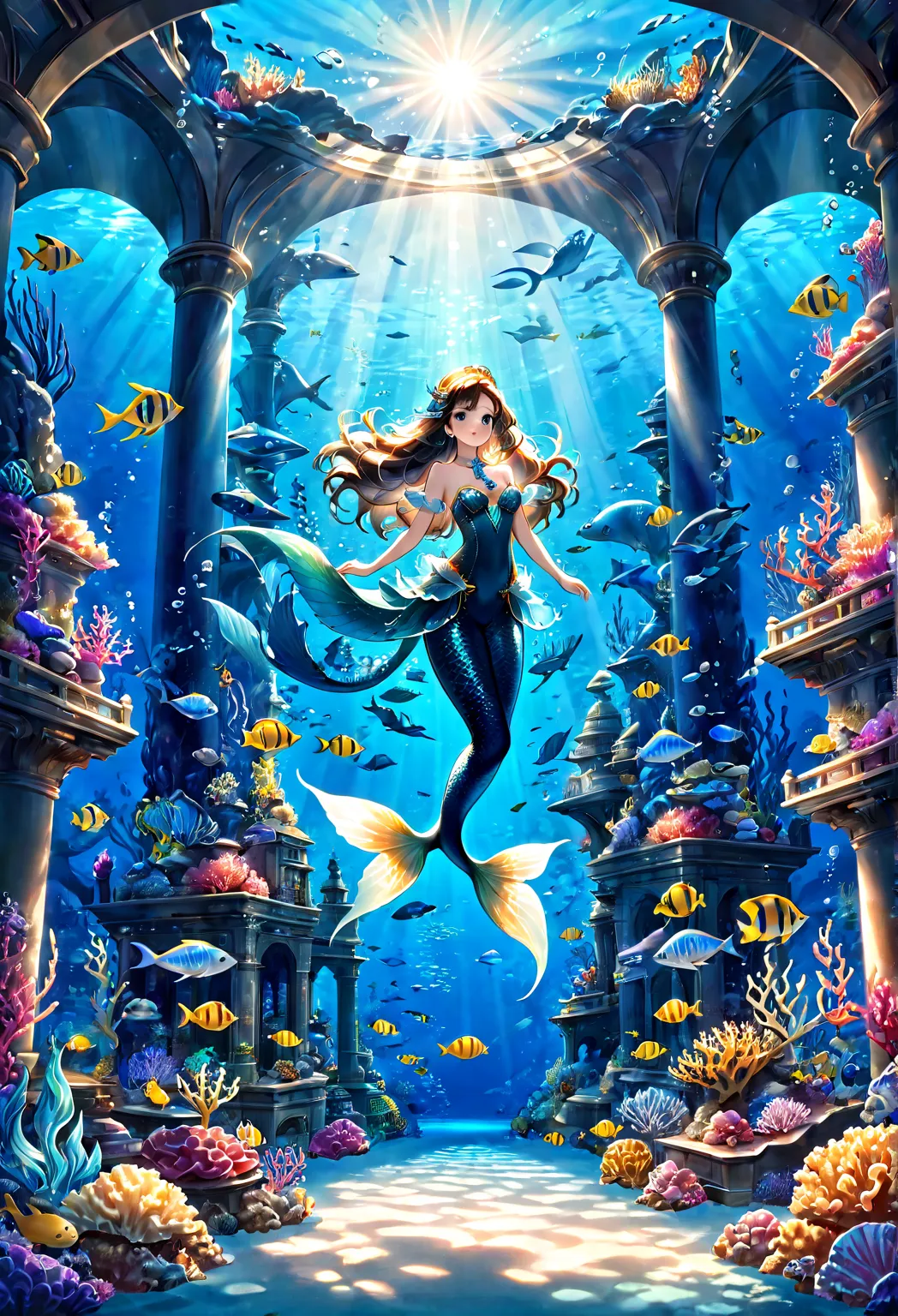  Underwater World  , Beautiful Undersea Palace ,  Forward Design  , Very detailed , Exquisite, Best Quality , Super fine, 16k,    Eye-catching depiction  ,  marine life , The sun is transmitted from the sea surface to the bottom of the sea ,  blue, Blue li...