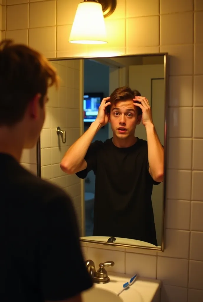 [January 27, 2013]
['Point of view' or 'POV perspective]
[Style and quality]: Hyper-realistic, cinematic, 8K ultra-detailed

The view is from the first person, looking in the bathroom mirror while fixing his hair and wearing a black shirt. The reflection s...