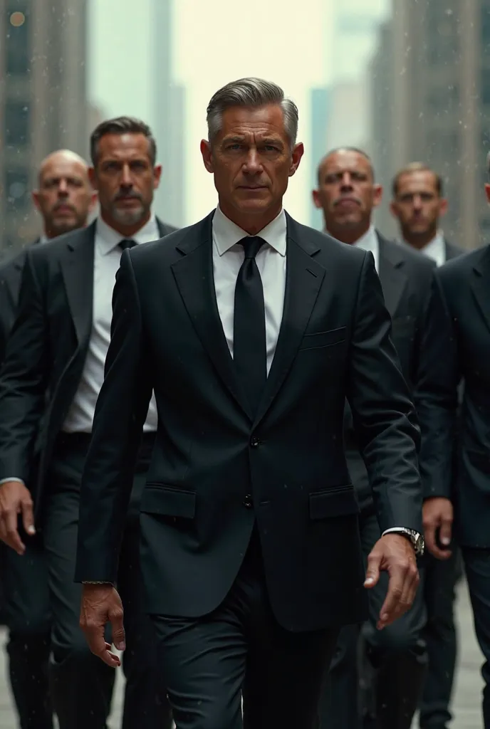 A man with black suit walking  with his bodyguards 