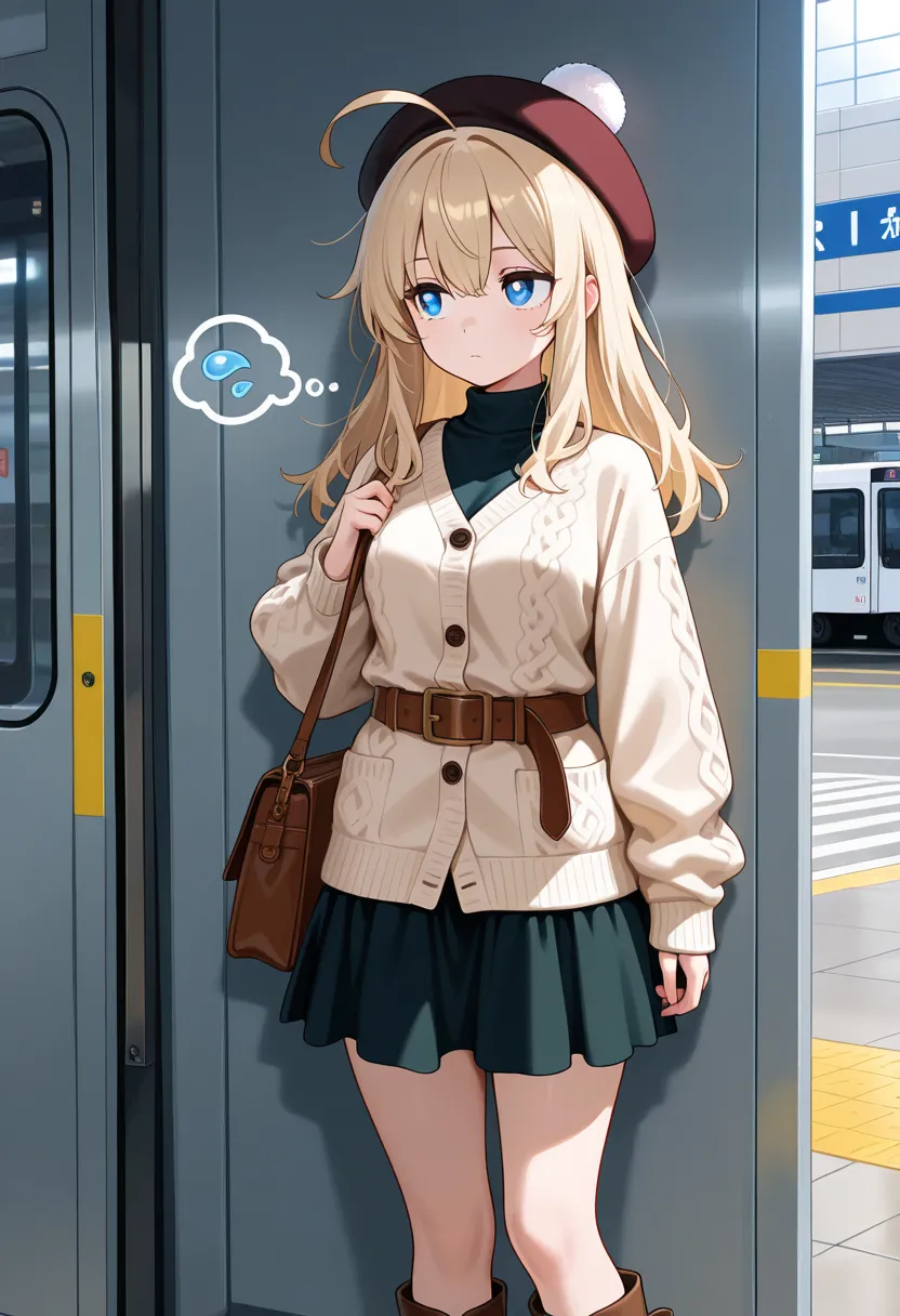 masterpiece, best quality, amazing quality, a girl, thinking, worried, expressionless, standing, looking away, ahoge, long hair tied back, big eyes, long sleeves, cardigan, skirt, long boots, belt, hat, shoulder bag, In front of the station, motion line, 