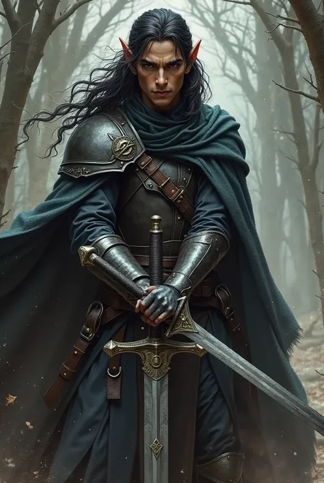 Create an image of a dnd RPG character, Where is an elf warrior, with two swords in his hands and with dark armor, The elf is dark brown and has long dark hair, Your gaze is fixed and serious, And he's in an attack position 