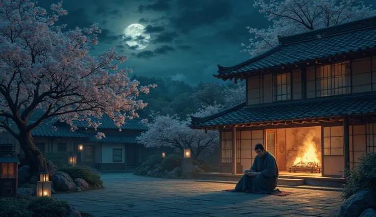 A serene night in Kyoto, a traditional Japanese mansion illuminated by soft moonlight, smoke gently rising from a fireplace blending with the faint scent of cherry blossoms in the air, a garden of sakura trees in bloom, a lone figure (Oda Kazuo) sitting on...