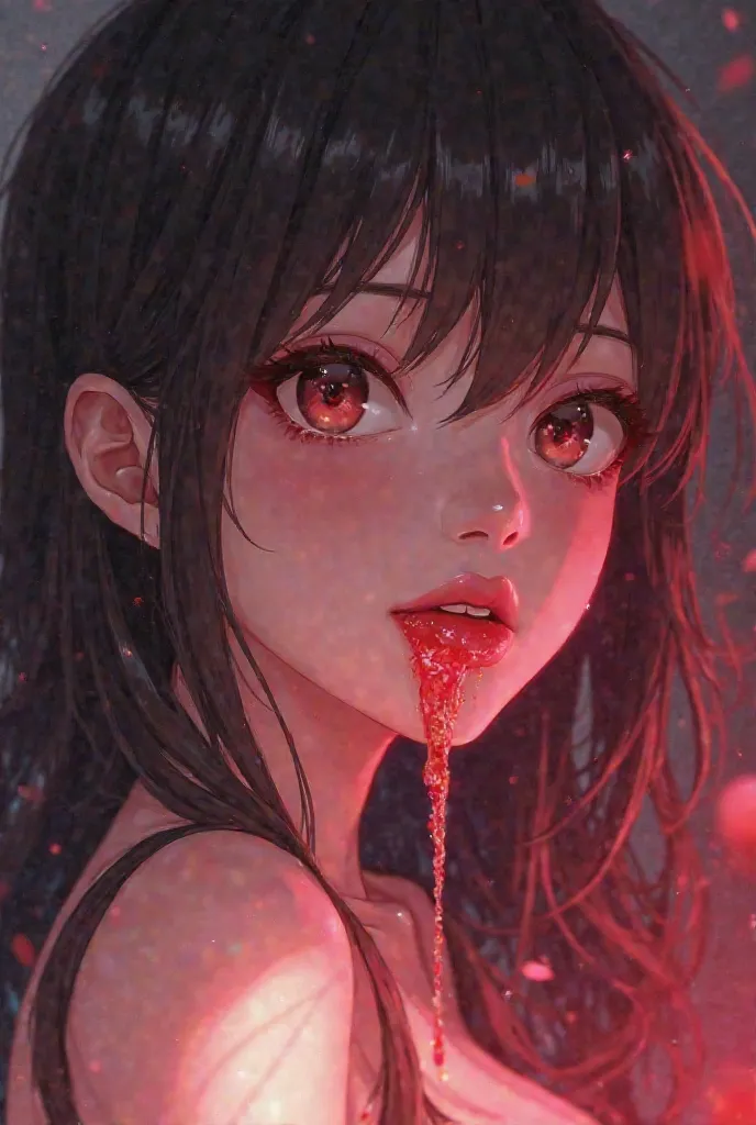 Anime woman, cum dripping from mouth