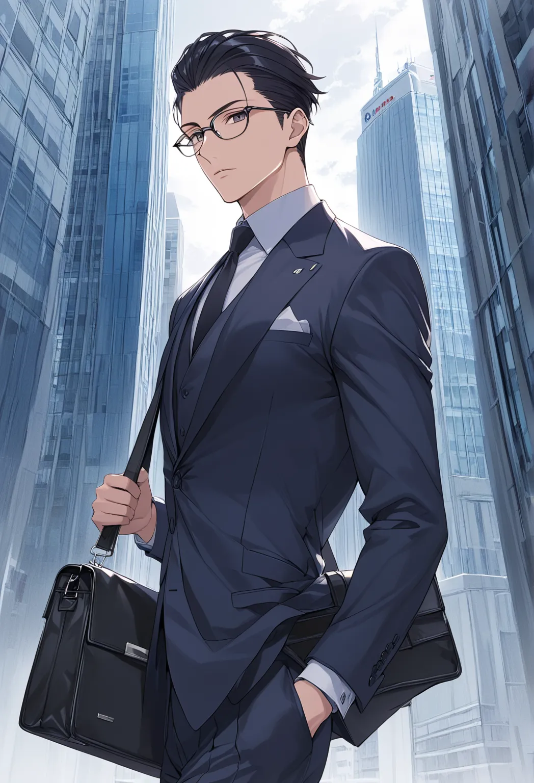 best quality, ultra detailed, absolutely resolution、 male 、alone、 black hair、bold, slicked-back、7:3 parted hairstyle、Dark eyes、sharp eyesight、 expressionless、Glasses、suit、tie、Carrying a business bag、 office district、looking at viewer、upper body