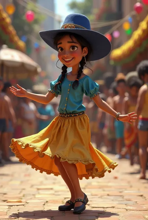 Pixar-style image, of a cholita dancing at the cholita in the Pixar style, dancing at the Carnival of Oruro, with short golden skirt, with two braids, small navy blue hat, blue blouse. With the text in the image of: Carnival 2025 


