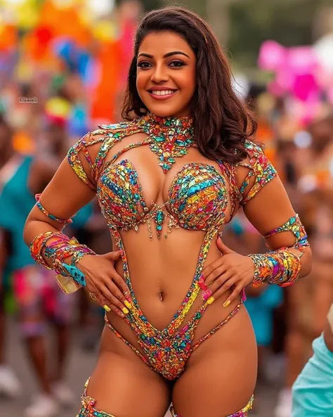 Very beautiful and charming actress Kajal aggarwal with very fair and smooth skin, dressed as a sexy samba dancer for rio carnival, exposing her sexy voluptuous body, large breasts, curvy wide waist, deep sexy navel and a beautiful smiling face, colorful c...