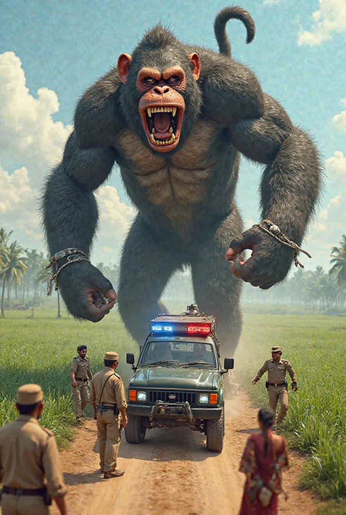 *"A highly detailed 3D-rendered scene of a giant, muscular monkey being captured and taken away by the police in a rural farmland setting. The monkey is enormous, with thick fur, powerful arms, and a fierce, angry expression. Its sharp teeth are bared, eye...