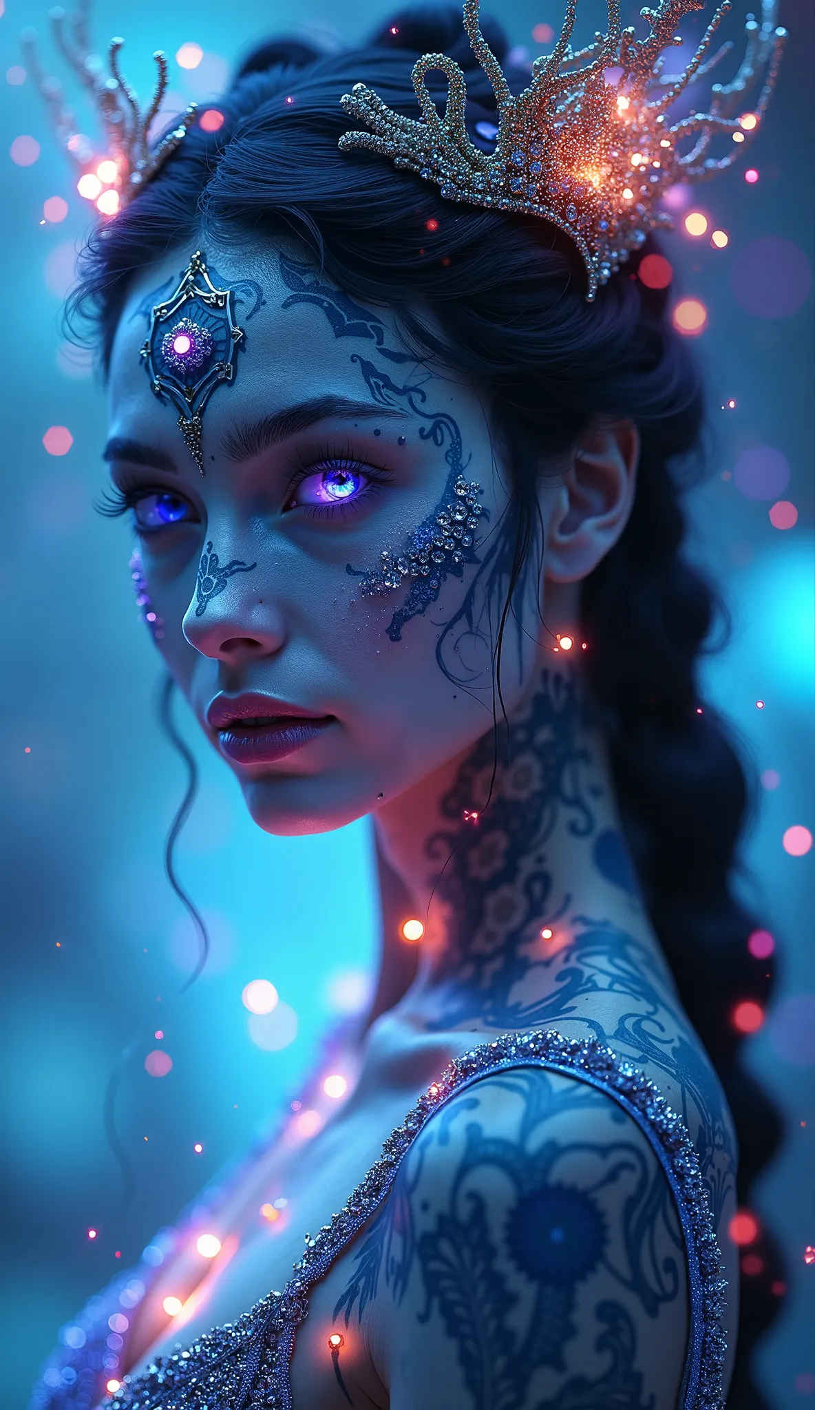 magical beauty, neon, tattooed girl, 4K, sapphire eyes , genie girl