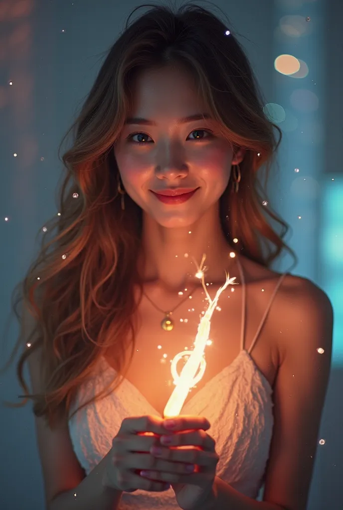 A beautiful and graceful BTS ARMY woman holds a BTS light stick in her hand. Her long hair is beautifully flowing, and a sweet smile adorns his face. She is wearing an elegant dress, and the light from the light stick shone around him excitedly

Generate b...