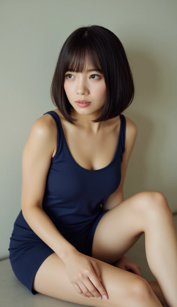 (masterpiece、best image quality、photorealistic)、 cute Japanese girl、1 person、(( Dark Blue School Swimsuit ))、Bird&#39;s-eye view、Sit against the wall、Shortcut Hairstyle