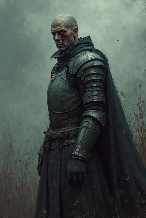 Knight bleeding from his eyes in a melancholic tone 