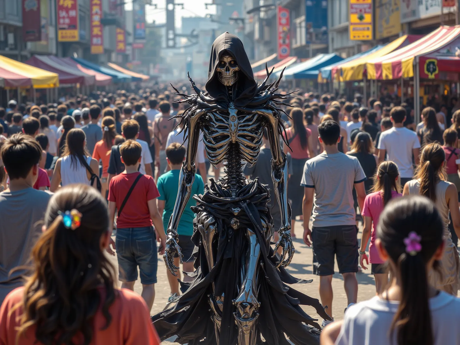 A hyperrealistic image of A crowded festival. Distinct among the crowd is a hooded, organic skeletal grim reaper. No one in the crowd sees the reaper. People in the crowd are scattered and do not face the same direction. 