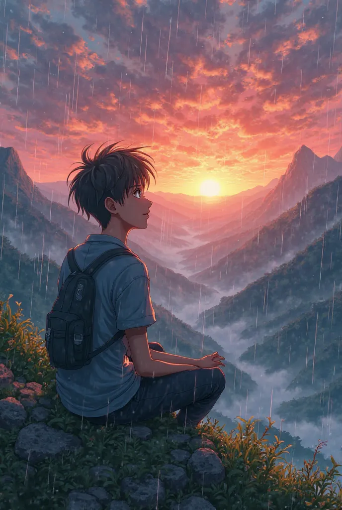 Generate a photo in which a boy age 20 look like anime character sitting on top of Mountain and watching beautiful sunset and its rainy season with green Mountain 