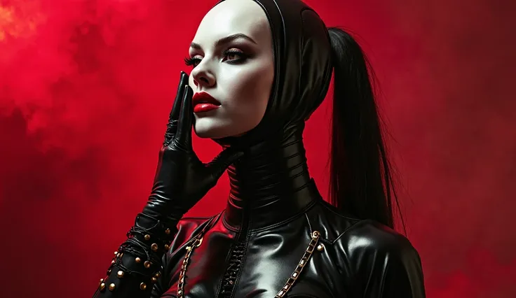 Very thin woman in shiny black latex, black leather over the knee boots with laces and gold studs, and a form-fitting shiny black latex hood. To her face, a very scary mask, a white plastic mask with wide straps and steel buckles is attached to her face, f...