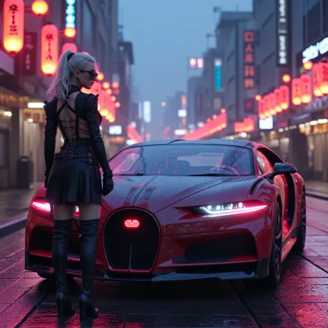 A cyberpunk-inspired hyper detailed realistic cyberpunk  female character stands confidently beside a perfectly detailed sleek, futuristic red Bugatti La Voiture Noire in a dystopian Neo-Tokyo Shogunate. Full-body shot. nigh

She wears transparent sunglass...