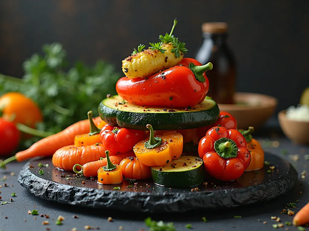 A healthy and colorful stack of roasted vegetables, including bell peppers, zucchini, and carrots, arranged elegantly on a black stone plate with a light balsamic glaze.