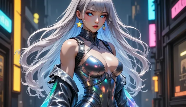 A photo-realistic about a futuristic female robot with long, flowing white hair and striking blue eyes, wearing a form-fitting, metallic bodysuit that accentuates her large breasts and slender physique. the robot is positioned in the middle of the image, w...