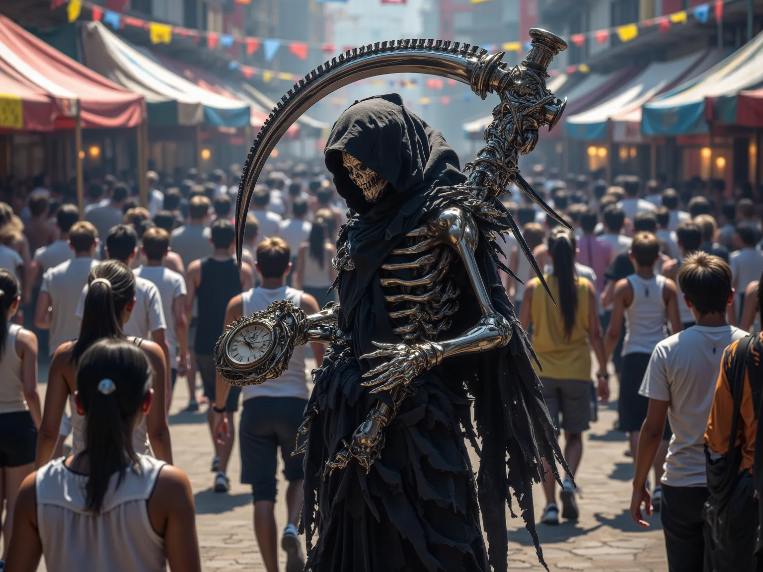 A hyperrealistic image of A crowded festival. Distinct among the crowd is a hooded, organic skeletal grim reaper. No one in the crowd sees the reaper. The reaper is looking at a large pocket watch, and holds an oversized scythe in the crook of one arm. Peo...