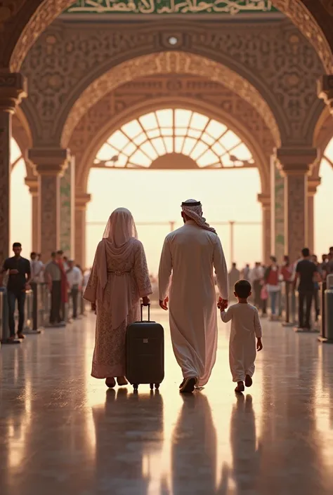 the muslim arabian family, two parents and two ren are boarding at Qatar Airways 